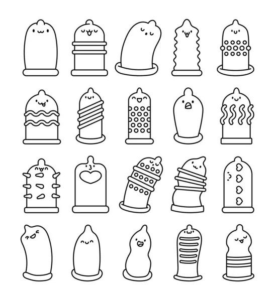 Bonito Preservativo Kawaii Com Rostos Emojis Página Para Colorir Personagens — Vetor de Stock