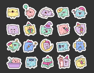 Gülen yüzlü şirin yastık. Etiket Yer İmi. Çizgi film kawaii karakteri. El çizimi stili. Vektör çizimi. Tasarım elementlerinin koleksiyonu.