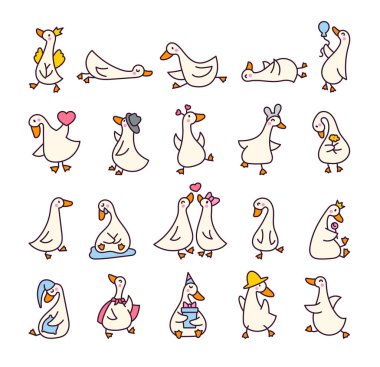 Komik kaz karakterleri. Tatlı çizgi film kawaii ördeği. El çizimi stili. Vektör çizimi. Tasarım elementlerinin koleksiyonu.