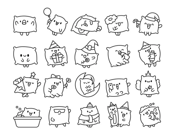 ハッピーフェイスでかわいいおかしな枕 カラーリングページ キャラクターキャラクター 手描きスタイル ベクター図面 デザイン要素のコレクション — ストックベクタ