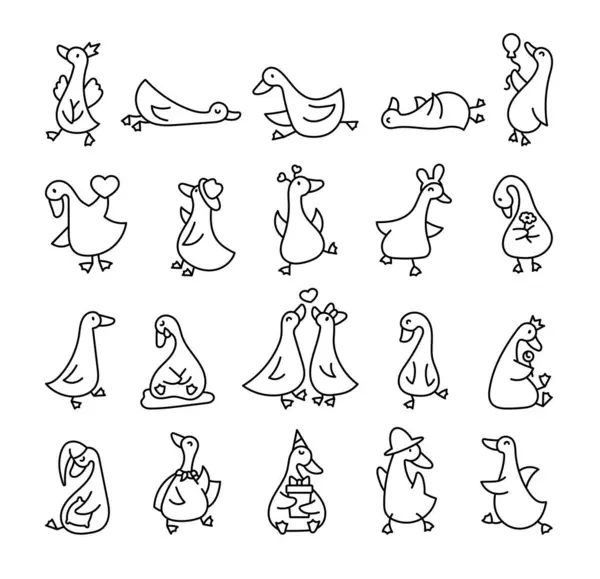 Des Personnages Drôles Oies Coloriage Mignon Dessin Animé Canard Kawaii — Image vectorielle