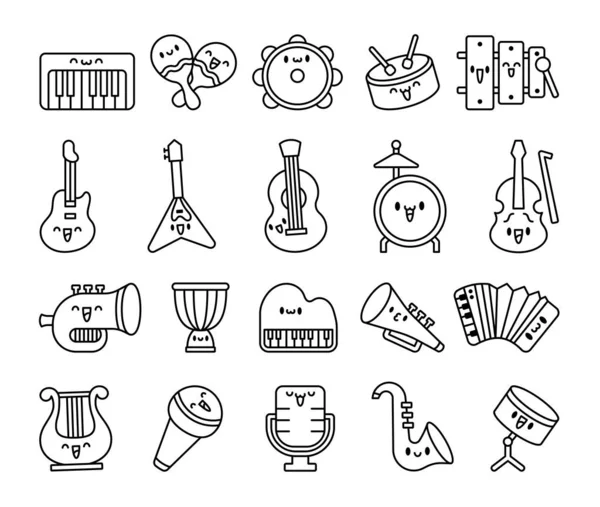 Niedliche Musikinstrumente Mit Glücklichem Gesicht Malvorlagen Karikaturenfigur Kawaii Witzige Musik — Stockvektor