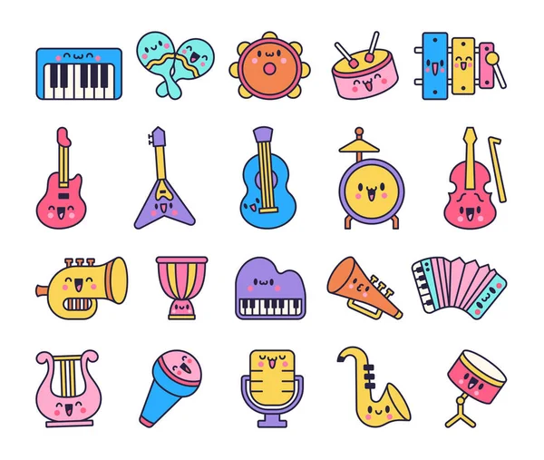 Niedliche Musikinstrumente Mit Glücklichem Gesicht Karikaturenfigur Kawaii Witzige Musik Handgezeichneter — Stockvektor