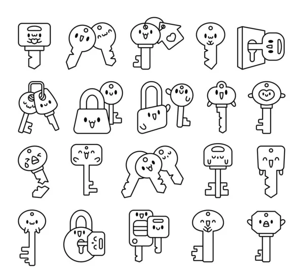 Cute Kawaii Key Coloring Page Funny Cartoon Character Hand Drawn — Stock Vector