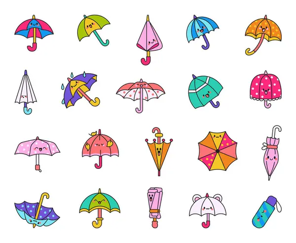 可爱的Kawaii伞 卡通雨季阳伞的特点 手绘风格 矢量绘图 设计要素的收集 — 图库矢量图片