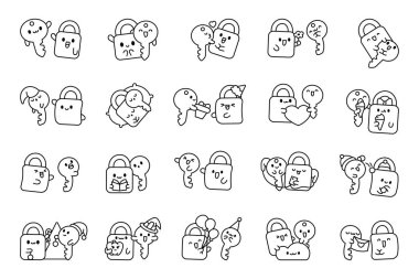 Şirin kawaii kilidi ve anahtarı. Boyama sayfası. Çizgi film karakteri. El çizimi stili. Vektör çizimi. Tasarım elementlerinin koleksiyonu.
