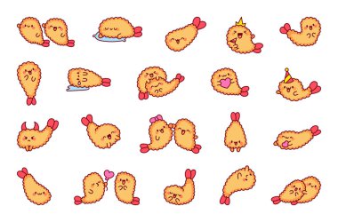 Komik tempura karides karakterleri. Tatlı çizgi film Japon yemeği. El çizimi stili. Vektör çizimi. Tasarım elementlerinin koleksiyonu.