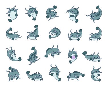 Şirin kawaii yayın balığı farklı pozlarda. Komik karikatür suda yaşayan hayvan karakteri. El çizimi stili. Vektör çizimi. Tasarım elementlerinin koleksiyonu.