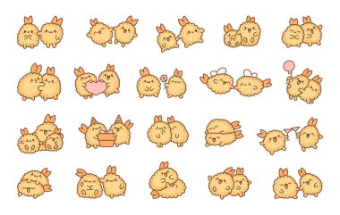 Tatlı çift kızarmış karides tempurası. Japon yemek karakterleri. El çizimi stili. Vektör çizimi. Tasarım elementlerinin koleksiyonu.