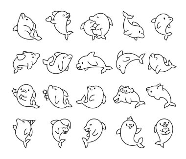 Farklı pozlarda şirin kawaii yunusları. Boyama sayfası. Komik deniz piyadesi karakteri. El çizimi stili. Vektör çizimi. Tasarım elementlerinin koleksiyonu.
