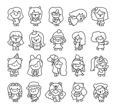 Şirin kawaii kızı. Boyama sayfası. Mutlu çocuk çizgi film karakteri. El çizimi stili. Vektör çizimi. Tasarım elementlerinin koleksiyonu.
