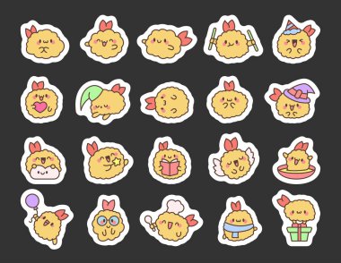 Şirin, mutlu kawaii tempura karidesi. Etiket Yer İmi. Komik çizgi film yemek karakteri. El çizimi stili. Vektör çizimi. Tasarım elementlerinin koleksiyonu.