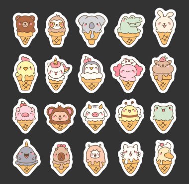 Dondurmalı tatlı hayvanlar waffle külahında. Etiket Yer İmi. Çizgi film komik yemek tatlısı. El çizimi stili. Vektör çizimi. Tasarım elementlerinin koleksiyonu.