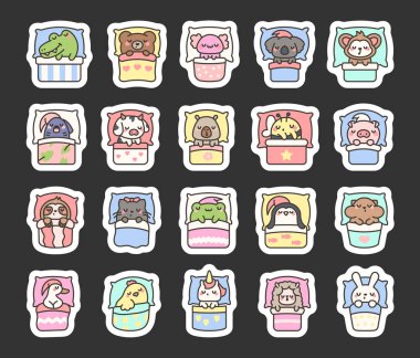 Yatakta uyuyan sevimli hayvanlar. Etiket Yer İmi. Gece rüyası. Çizgi film karakterleri. El çizimi stili. Vektör çizimi. Tasarım elementlerinin koleksiyonu.