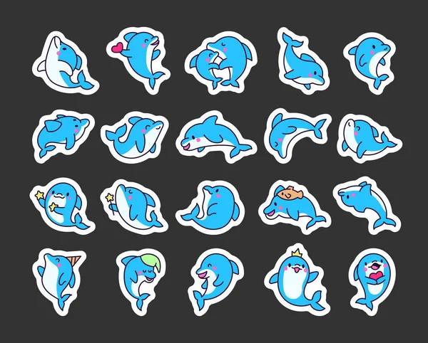 Netter Kawaii Delfin Verschiedenen Posen Sticker Lesezeichen Vorhanden Lustige Zeichentrickfigur — Stockvektor