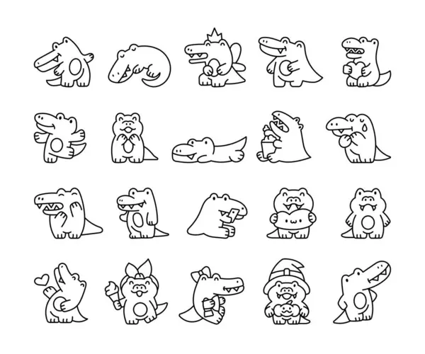 有趣的鳄鱼的性格和快乐的脸 着色页 卡通Kawaii鳄鱼 手绘风格 矢量绘图 设计要素的收集 — 图库矢量图片