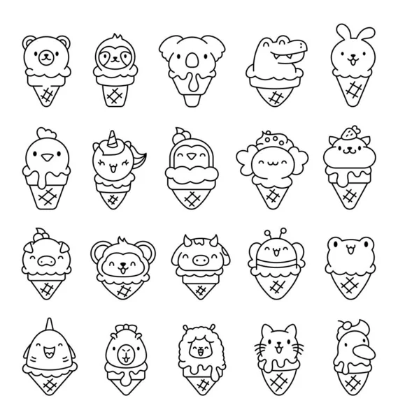 Niedliche Tiere Mit Eis Waffelkegel Malvorlagen Karikatur Lustiges Dessert Handgezeichneter — Stockvektor