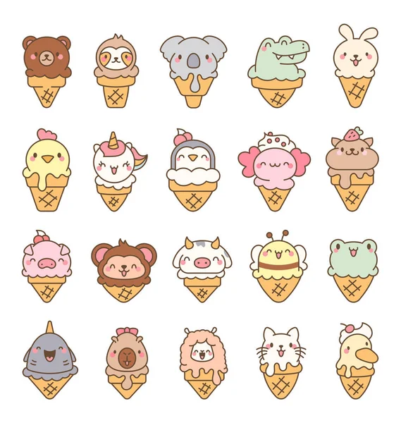ワッフルコーンのアイスクリームとかわいい動物 漫画おかしな食べ物デザート 手描きスタイル ベクター図面 デザイン要素のコレクション — ストックベクタ