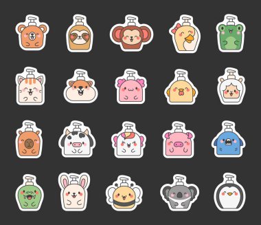 Hayvan suratlı sıvı sabun şişeleri. Etiket Yer İmi. Banyo ve duş ürünleri. El çizimi stili. Vektör çizimi. Tasarım elementlerinin koleksiyonu.