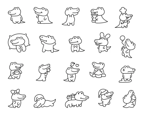かわいいクロコダイル カラーリングページ 愛らしい動物のキャラクター 手描きスタイル ベクター図面 デザイン要素のコレクション — ストックベクタ