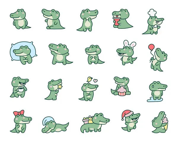Niedliches Kawaii Krokodil Zeichentrickfilm Liebenswerte Tierfiguren Handgezeichneter Stil Vektorzeichnung Sammlung — Stockvektor