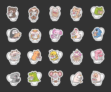 Tuvalette kakasını yapan ve gazete okuyan sevimli bir hayvan. Etiket Yer İmi. Komik çizgi film karakterleri. El çizimi stili. Vektör çizimi. Tasarım elementlerinin koleksiyonu.