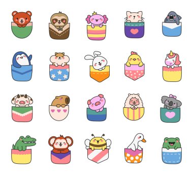 Cebinde sevimli hayvanlar var. Çizgi film karakterleri. El çizimi stili. Vektör çizimi. Tasarım elementlerinin koleksiyonu.