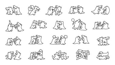 Tatlı çift timsah karakterleri. Boyama sayfası. Komik arkadaşlar timsah çizgi film hayvanı. El çizimi stili. Vektör çizimi. Tasarım elementlerinin koleksiyonu.