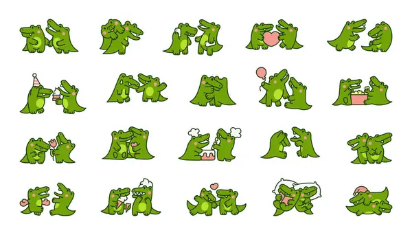 Roztomilé Pár Krokodýlí Postavy Legrační Přátelé Aligátor Kreslené Zvíře Ručně — Stockový vektor