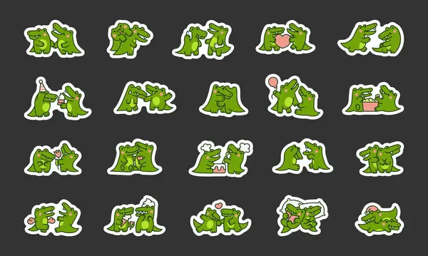 Söta Krokodilfigurer Klistermärke Bokmärke Roliga Vänner Alligator Tecknad Djur Handritad — Stock vektor