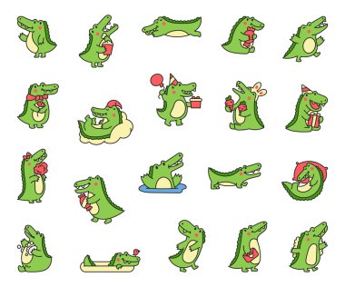 Farklı aktivitelere katılan sevimli timsah karakteri. Komik, sevimli çizgi film hayvanı. El çizimi stili. Vektör çizimi. Tasarım elementlerinin koleksiyonu.