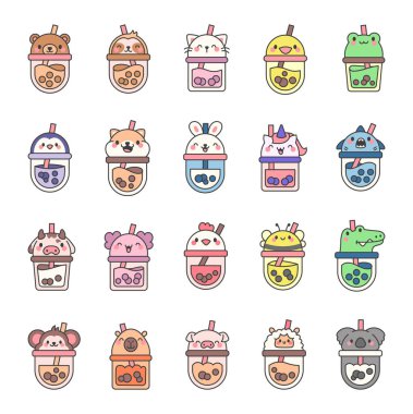 Hayvan yüzlü kibrit köpüğü çayı. Boba içeceği. El stili. Vektör çizimi. Tasarım elementlerinin koleksiyonu.