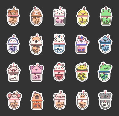 Hayvan yüzlü kibrit köpüğü çayı. Etiket Yer İmi. Boba içeceği. El stili. Vektör çizimi. Tasarım elementlerinin koleksiyonu.