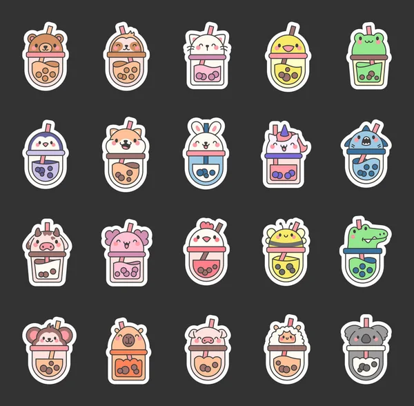 Matcha Bubble Tea Mit Tiergesichtern Sticker Lesezeichen Vorhanden Boba Getränk — Stockvektor