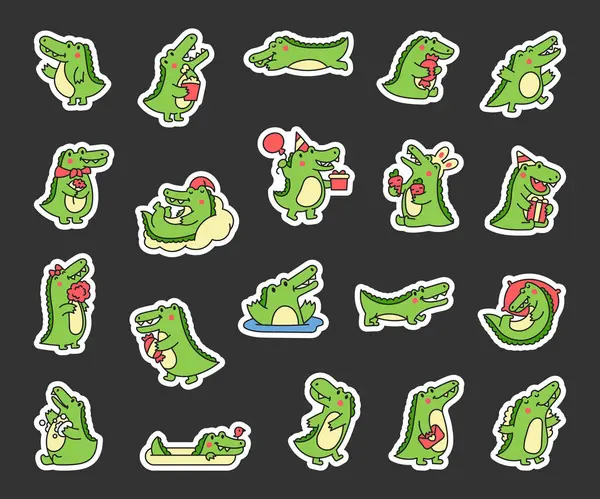 Schattig Krokodillen Karakter Betrokken Bij Verschillende Activiteiten Sticker Bladwijzer Grappig Stockillustratie