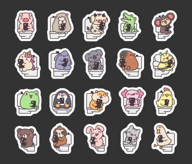 Telefonla tuvalete sıçan sevimli bir hayvan. Etiket Yer İmi. Komik çizgi film karakterleri. El çizimi stili. Vektör çizimi. Tasarım elementlerinin koleksiyonu.