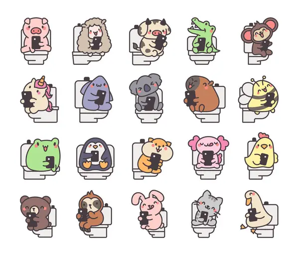 Roztomilé Zvíře Kadí Záchodě Telefonem Vtipné Kreslené Postavičky Ručně Kreslený — Stockový vektor