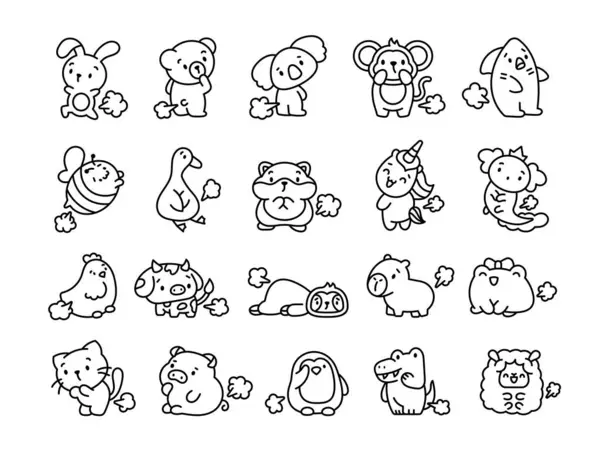 Roztomilá Zábavná Prdící Zvířata Omalovánky Kreslené Postavy Ručně Kreslený Styl — Stockový vektor