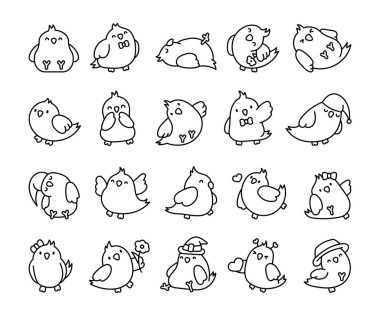 Sevimli çizgi film evcil kuşları. Boyama sayfası. Sevimli kawaii papağanları. Cockatiel, muhabbet kuşu. El çizimi stili. Vektör çizimi. Tasarım elementlerinin koleksiyonu.