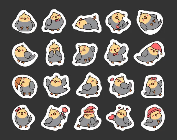 Cute Cartoon Pet Birds Sticker Bookmark Adorable Kawaii Parrots Characters — Stock Vector