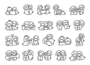 Şirin çiftler köpek arkadaşlığı. Boyama sayfası. Evcil hayvanlar sarılıyor, çizgi film karakterleriyle yan yana oturuyor. El çizimi stili. Vektör çizimi. Tasarım elementlerinin koleksiyonu.