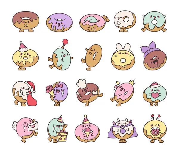 Lustige Donut Zeichentrickfigur Entzückendes Kawaii Süßes Essen Handgezeichneter Stil Vektorzeichnung — Stockvektor