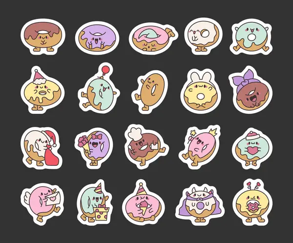 Lustige Donut Zeichentrickfigur Sticker Lesezeichen Vorhanden Entzückendes Kawaii Süßes Essen — Stockvektor