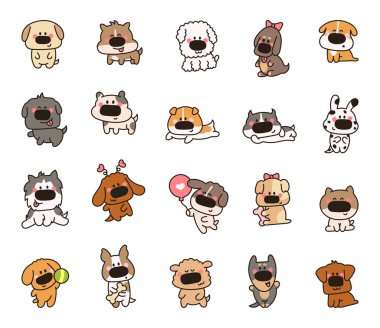 Şirin köpekler ve yavru köpekler. Çizgi filmdeki evcil hayvanlar. El çizimi stili. Vektör çizimi. Tasarım elementlerinin koleksiyonu.