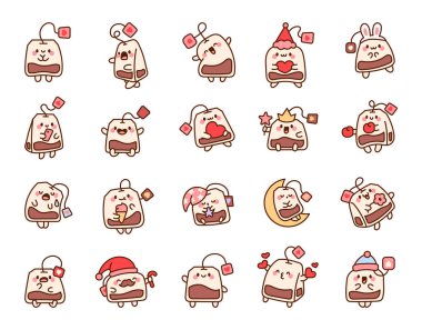 Farklı duyguları olan komik bir çay poşeti. Çizgi film karakteri. El çizimi stili. Vektör çizimi. Tasarım elementlerinin koleksiyonu.