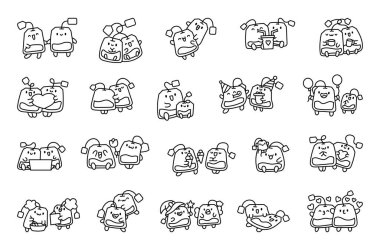 Tatlı çay poşetleri sonsuza dek arkadaşlar. Boyama sayfası. Komik keseli çizgi film karakterleri. El çizimi stili. Vektör çizimi. Tasarım elementlerinin koleksiyonu.