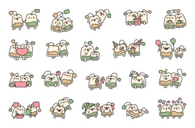 Tatlı çay poşetleri sonsuza dek arkadaşlar. Komik keseli çizgi film karakterleri. El çizimi stili. Vektör çizimi. Tasarım elementlerinin koleksiyonu.