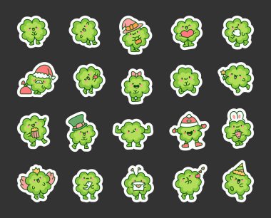 Şirin kawaii şanslı yonca çizgi film karakteri. Etiket Yer İmi. El çizimi stili. Vektör çizimi. Tasarım elementlerinin koleksiyonu.