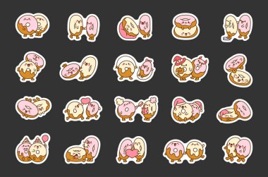 Tatlı çiftler dostluk çöreği yer. Etiket Yer İmi. Çörekler sarılıyor, çizgi film karakterleriyle yan yana oturuyor. El çizimi stili. Vektör çizimi. Tasarım elementlerinin koleksiyonu.