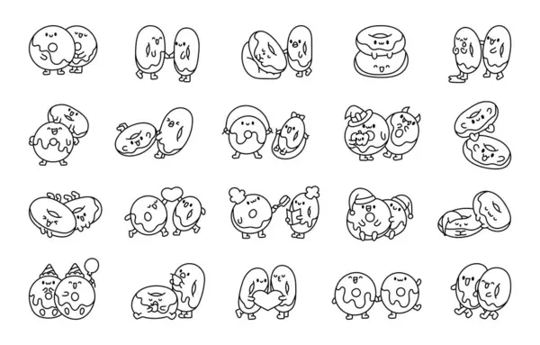 Roztomilé Páry Donuts Přátelství Omalovánky Koblihy Objímají Sedí Spolu Kreslené — Stockový vektor